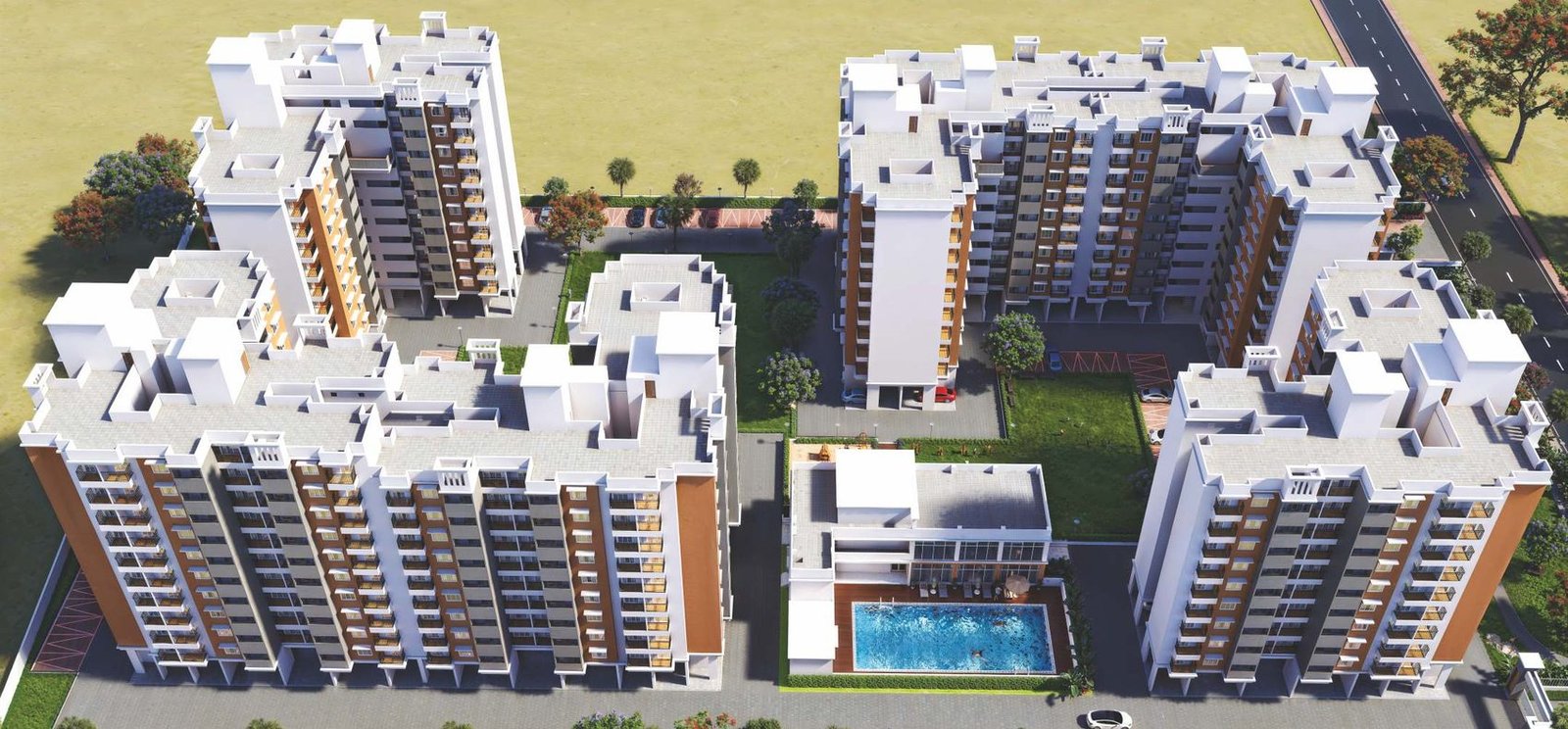 Aerial view of Shiv Solitaire showing six wings arranged around a central clubhouse, lawn and swimming pool